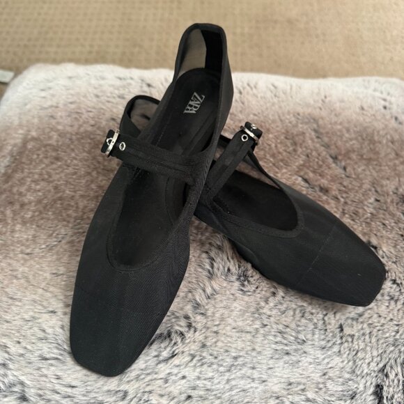 Zara Shoes - Zara, Mary Jane , Black Mesh/Net, Size 38